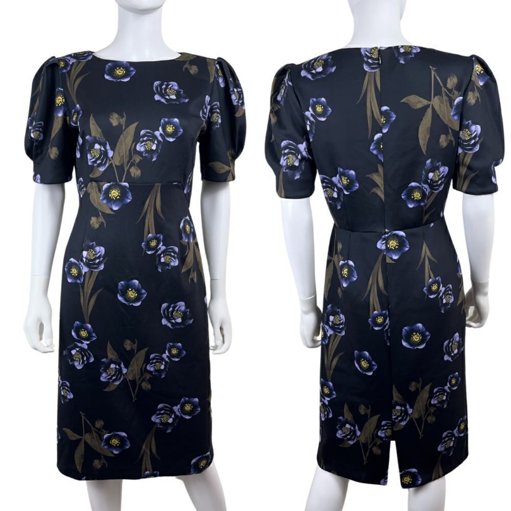 Alex Marie Women's Size 4 BlackFloral Puff Sleeve Sheath Midi NEW Dress Office